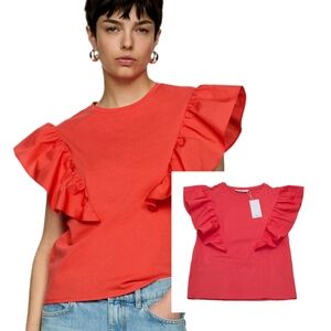 NWT MNG by Mango Oversized Ruffle/Flutter Sleeve 100% Cotton Crew Neck TopMNG by